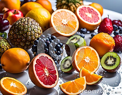 on a white table, several fruit halves, as many types of exotic fruits Stock Photo