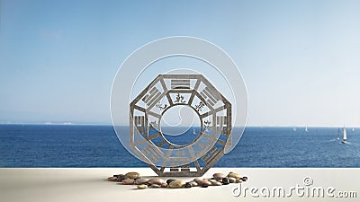 White table shelf with bagua and pebble stone, calm sea with blue sky and ships, zen concept interior design, feng shui template Stock Photo