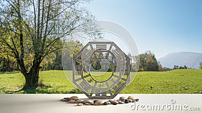 White table shelf with bagua and pebble stone, park meadow with green grass and tree, zen concept interior design, feng shui Stock Photo