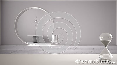 White table or shelf with crystal hourglass measuring the passing time over abstract empty space, archway with stucco white walls Stock Photo