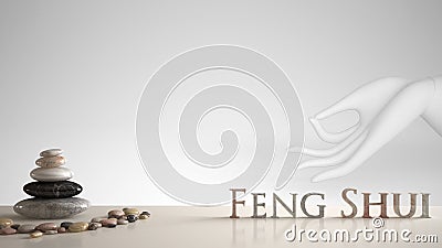 White table shelf with pebble balance and 3d letters making the word feng shui over white hand in gyan mudra, yoga meditation, zen Stock Photo