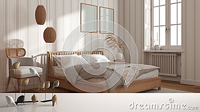 White table top or shelf with minimalistic bird ornament, birdie knick - knack over wooden bedroom with double bed and wallpaper, Stock Photo