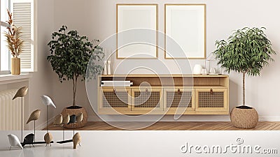 White table top or shelf with minimalistic bird ornament, birdie knick - knack over wooden living room with rattan furniture, Stock Photo