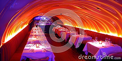 White tablecloths covering a long table in a dining setup Stock Photo