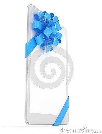 White tablet with bow. 3D rendering. Stock Photo