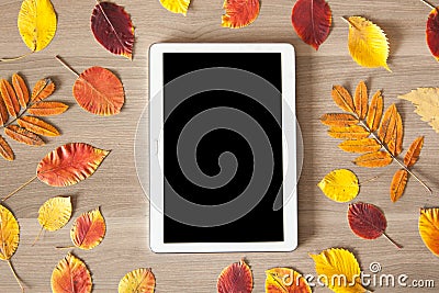 White tablet on a wooden table with colorful autumn leaves, business concept with space for text, advertising, and for any other Stock Photo