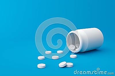 White tablets of many painkillers with a pharmacy bottle on a medical background. White pills for alleviating illness or fever. 3D Stock Photo
