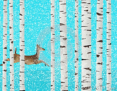 A white tail deer is seen running among paper birch trees during a snowstorm Cartoon Illustration