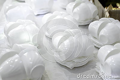 White tea cups and saucers Stock Photo