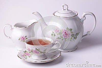 white tea set floral dishware Stock Photo