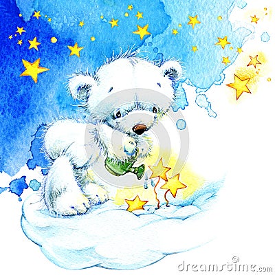 White Teddy bear and night stars background. watercolor Cartoon Illustration