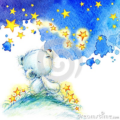 White Teddy bear and night stars background. watercolor Cartoon Illustration