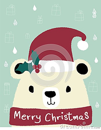 White teddy bear wears red santa clause hat, Vector Illustration