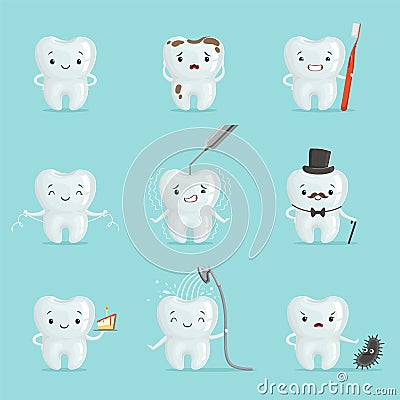 White teeth with different emotions set for label design. Cartoon detailed Illustrations Vector Illustration