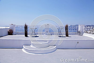 White terrace overlooking sea in Oia, Santorini Stock Photo