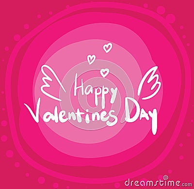 White text with wings Valentine`s Day on a pink background. Greeting card, banner, logo and emblem. Stock Photo