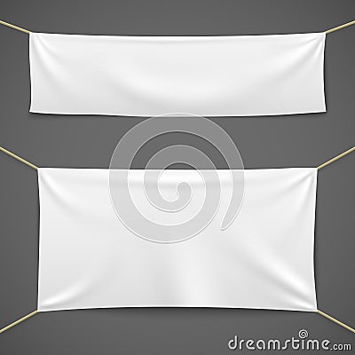 White textile banners. Blank fabric flag hanging canvas sale ribbon horizontal template advertising cloth banner set Vector Illustration