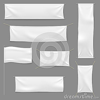 White textile banners. Blank fabric flag hanging canvas sale ribbon horizontal and textile banntemplate advertising set Vector Illustration