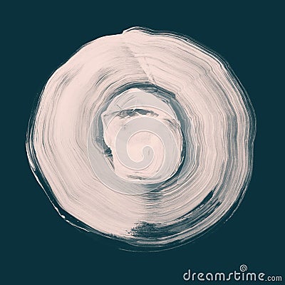 White textured acrylic circle. Watercolour stain on blue shaded spruce background. Stock Photo