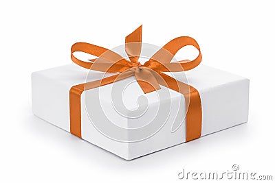 White textured gift box with orange ribbon bow Stock Photo