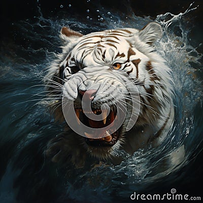 a white tiger emerges in high light, its sharp teeth glinting underwater, showcasing drenched fur with dark white and amber hues. Stock Photo