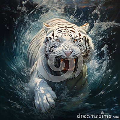 a white tiger emerges in high light, its sharp teeth glinting underwater, showcasing drenched fur with dark white and amber hues. Stock Photo