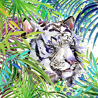 White tiger illustration. Tropical exotic forest, white tiger, green leaves, wildlife, watercolor illustration. Cartoon Illustration