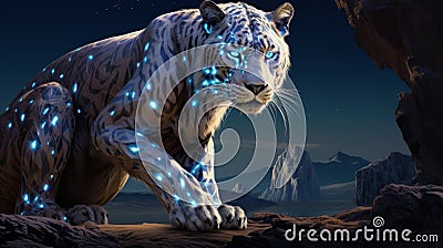 Majestic Glowing White Tiger Illuminated by Bioluminescence at Twilight. Generative AI Stock Photo