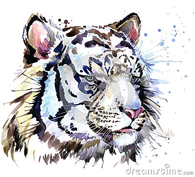 White tiger T-shirt graphics, tiger eyes illustration with splash watercolor textured background. Cartoon Illustration