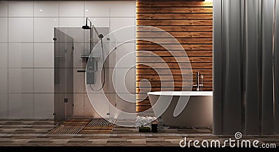 White tile and wood wall bathroom interior with a round white tub, zen style. 3d rendering Stock Photo