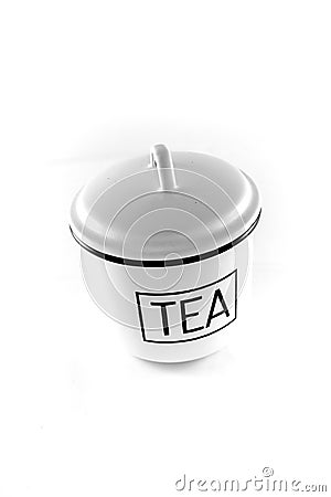 White tin box packaging container for tea isolated on white background Stock Photo