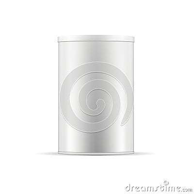 White tin can with cap. Vector round container for products. Vector Illustration