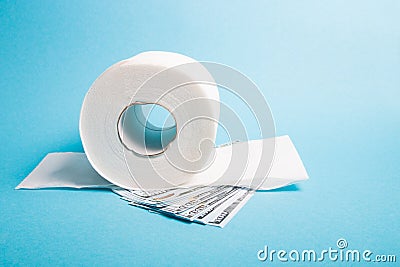 white toilet paper roll and stack of dollars blue background Stock Photo