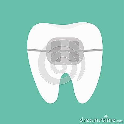 White tooth braces icon. Brace teeth. Cute cartoon funny icon. Oral dental hygiene. Children teeth care. Flat design. Green Vector Illustration