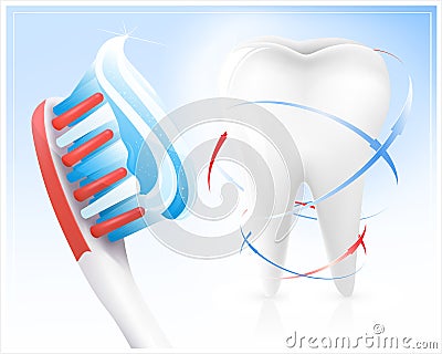 White tooth, toothbrush and toothpaste. Vector Illustration