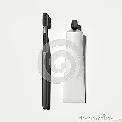White toothpaste tube and black toothbrush on white background, 3d rendering Stock Photo
