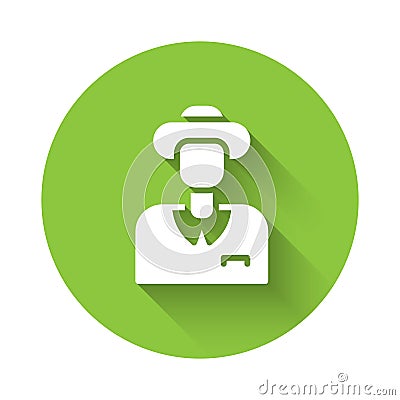 White Tourist icon isolated with long shadow. Travelling, vacation, tourism concept. Green circle button. Vector Vector Illustration