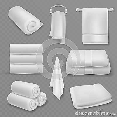 White towel. Beautiful fresh hotel bathroom stacked towels, roll and hanging, soft cotton textile hygiene items Vector Illustration