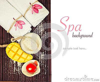 White towels, flowers and mango coconat shape soap Stock Photo