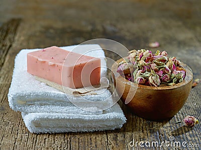 White towels and natural rose soap bar Stock Photo