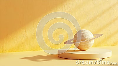 a white toy with a saturn ring on it and shadows of light on a yellow Cartoon Illustration