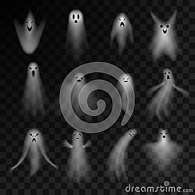 White transparent flying scary ghosts set realistic vector angry Halloween night fear monster spirit Vector Illustration