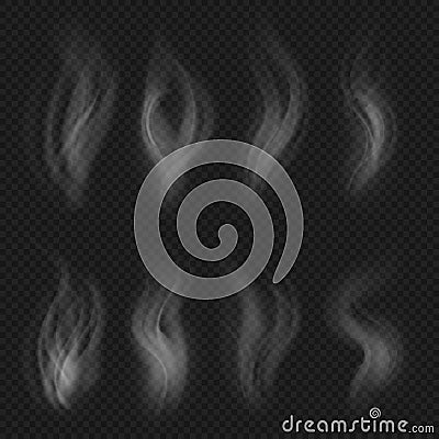 White transparent smoke collection. Hot steam from food isolated on checkered background vector set Vector Illustration
