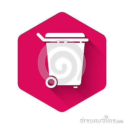 White Trash can icon isolated with long shadow. Garbage bin sign. Recycle basket icon. Office trash icon. Pink hexagon Vector Illustration