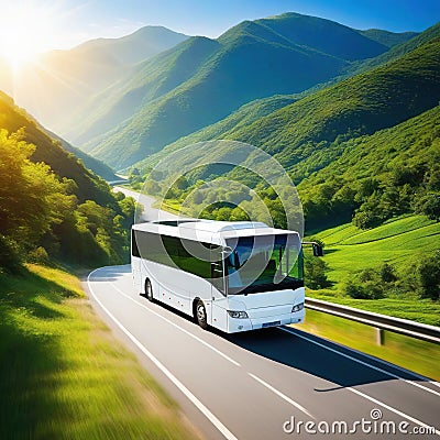 White travel bus on a beautiful Cartoon Illustration