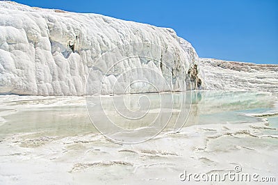 White travertine terrace and waterfall against blue sky Stock Photo