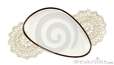 White triangle empty dish with croched doily and shadows isolated on white Stock Photo