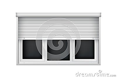 White triple plastic window with half open blind. Realistic roller shutter for glass window. Large jalousie mockup Vector Illustration