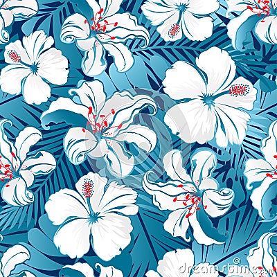 White tropical hibiscus flowers. Vector Illustration