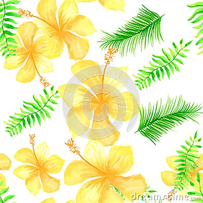 White Tropical Palm. Organic Seamless Exotic. Green Pattern Botanical. Beige Flower Leaf. Natural Spring Botanical. Stock Photo